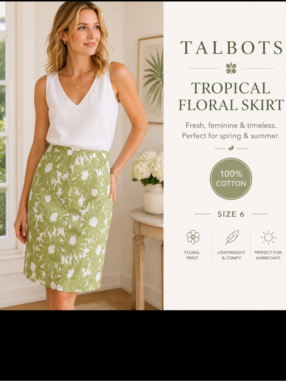 Talbots Women Sz 6 Tropical Floral Cotton Pencil Skirt Knee Length Green & White